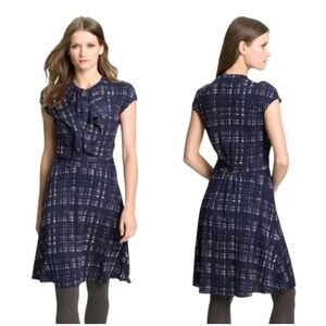 Tory Burch Dress Navy Blue‎ White Plaid Ruffle Front Cap Sleeve Career